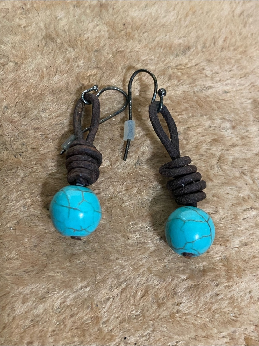 Turquoise Bead and Brown Leather Dangle Earrings